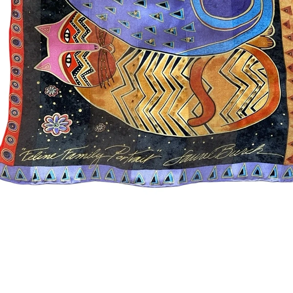 Vintage Laurel Burch Cat Scarf, Silk with Beaded and Sequin Accents